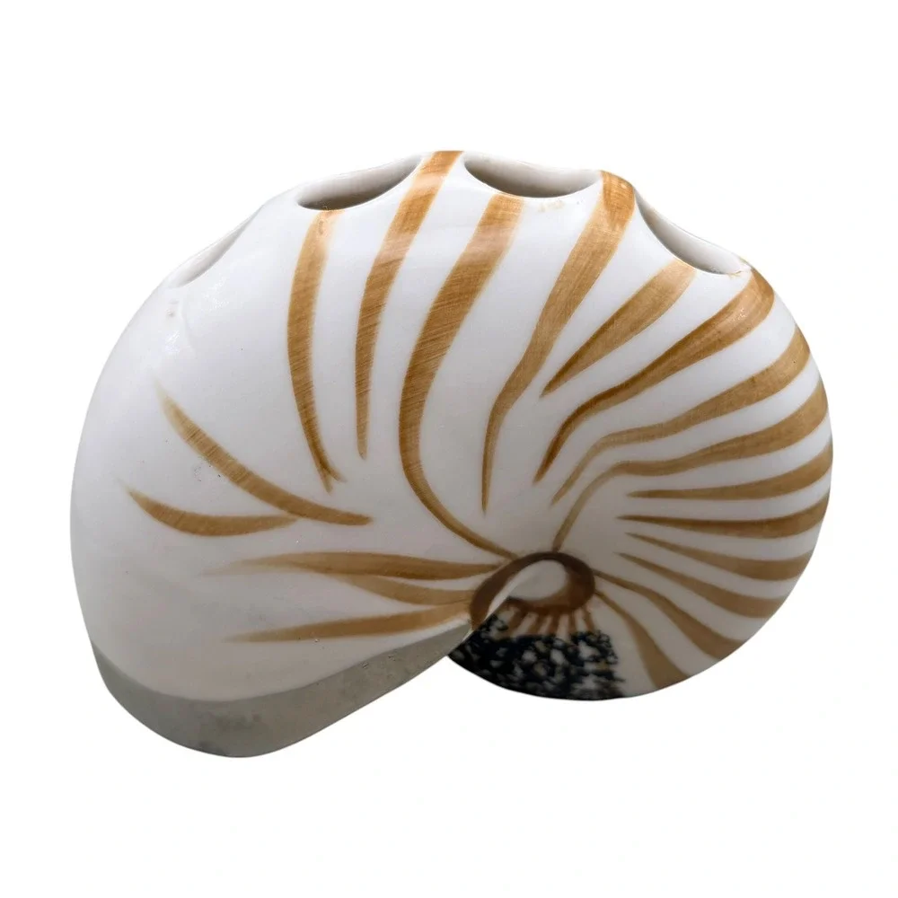 Springmaid Ceramic Nautilus Shell Vase Multi Opening Coastal Decor White Brown